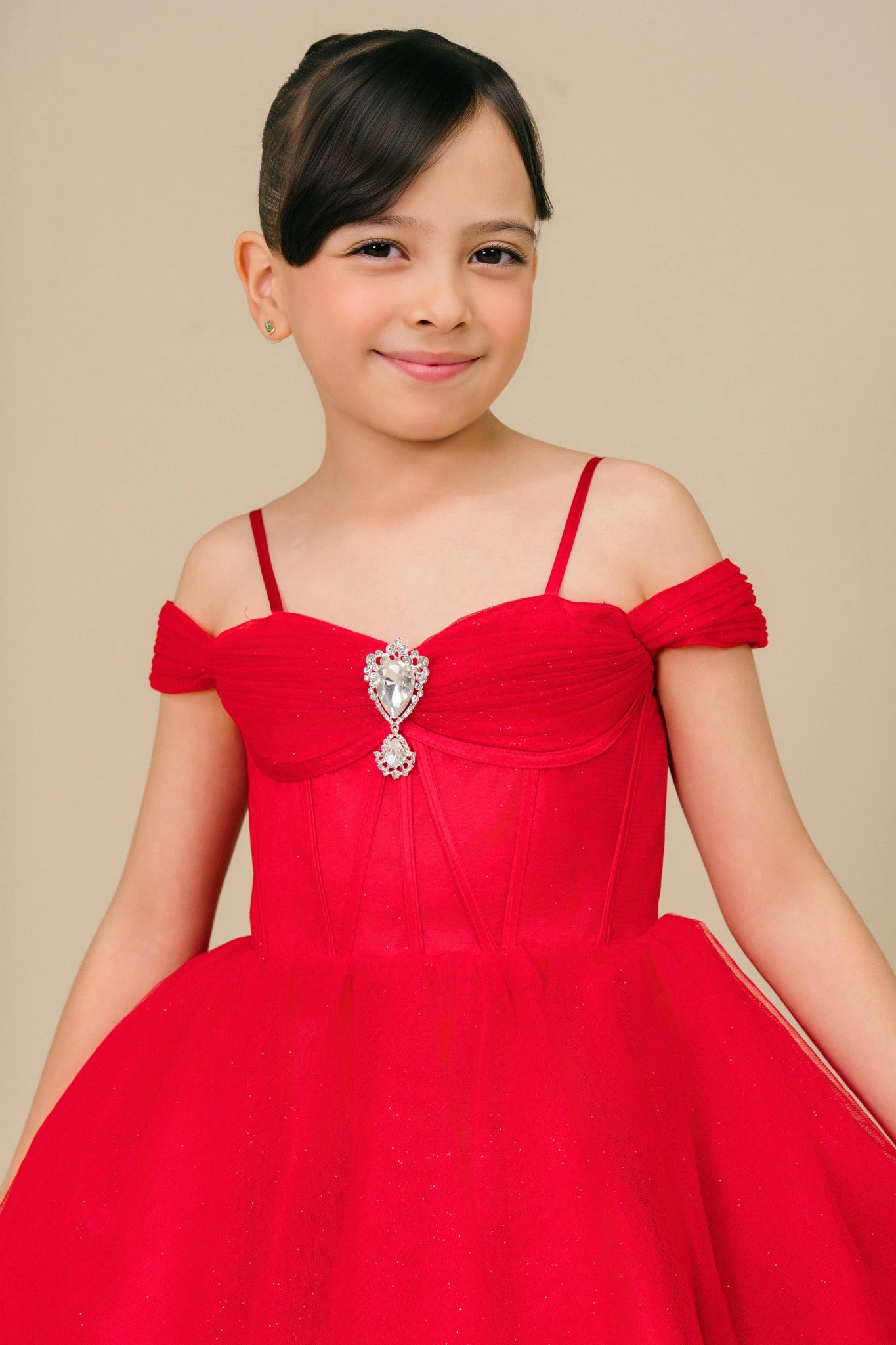 Kids’ Red Off - Shoulder Tulle flower girl dress with Center Rhinestone and Lace - up back | Birthday Princess Party.