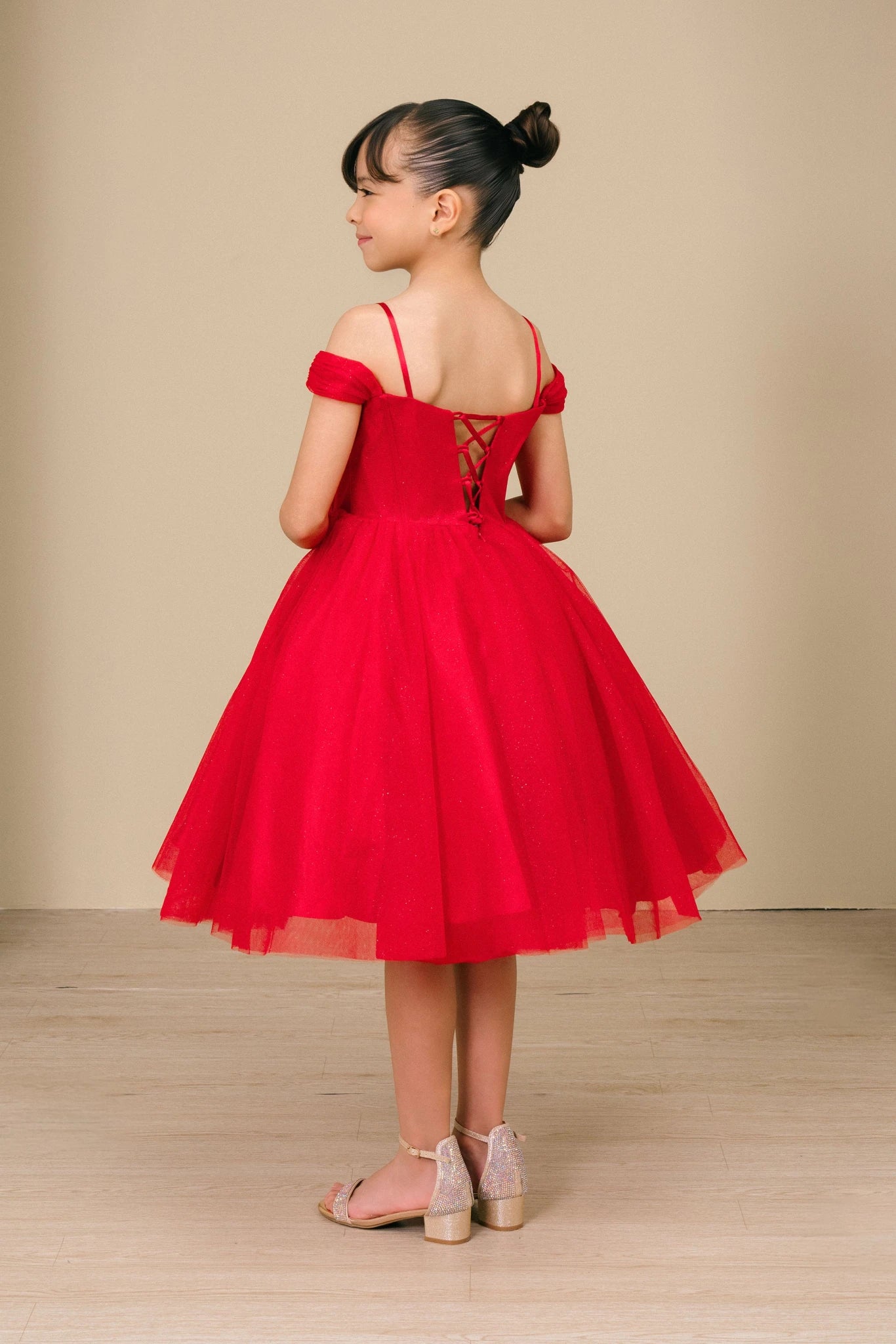 Kids’ Red Off - Shoulder Tulle flower girl dress with Center Rhinestone and Lace - up back | Birthday Princess Party.