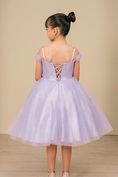 girl showing her back and the dress she is wearing is a lilac Off-Shoulder Tulle lace up back Dress 