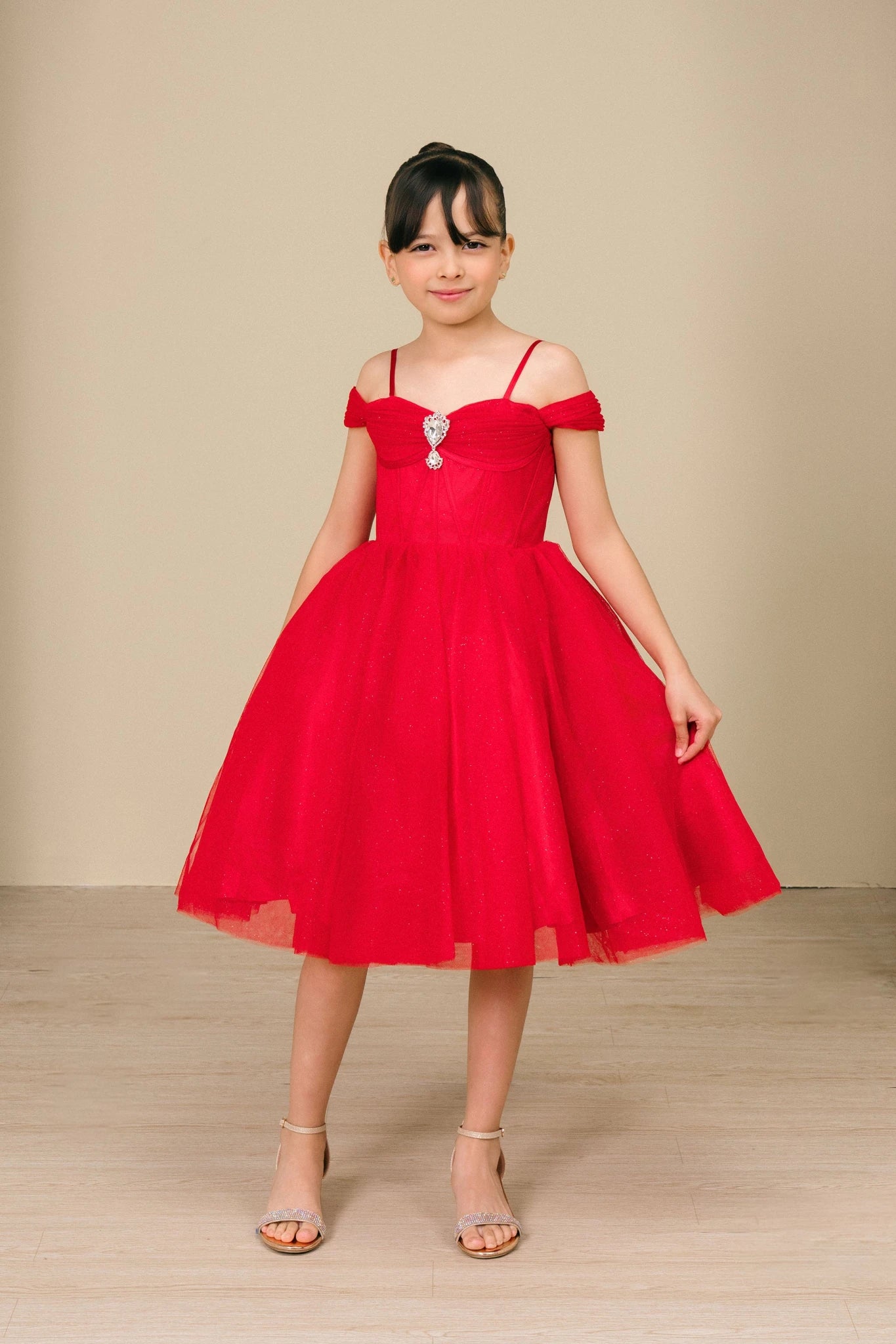 Kids’ Red Off-Shoulder Tulle Dress with Center Rhinestone 14 / Red