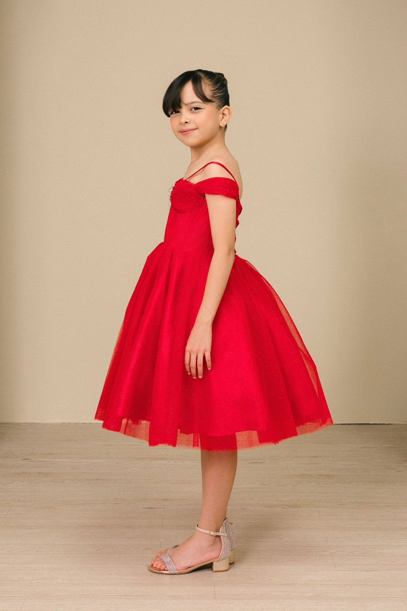 Kids’ Red Off-Shoulder Tulle Dress with Center Rhinestone 14 / Red