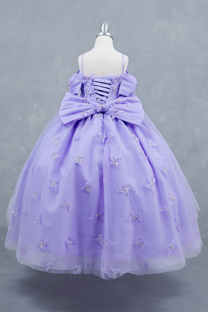 Lilac back view kids mini quinceañera ball gown with glitter puff sleeves, butterfly and back bow detail