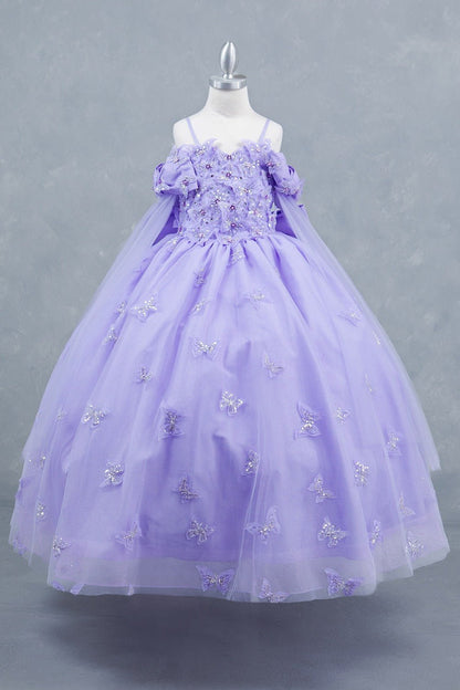 Lilac front view kids mini quinceañera ball gown with glitter puff sleeves, butterfly applique
