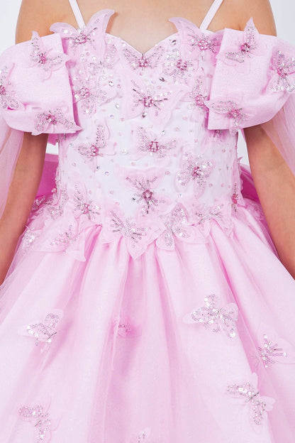 Pink front zoom kids mini quinceañera ball gown with glitter puff sleeves, butterfly applique and bow sleeves