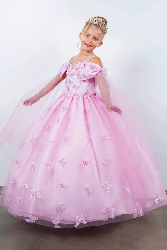 Pink front view kids mini quinceañera mini quince dress with glitter puff sleeves, butterfly applique and sheer train.