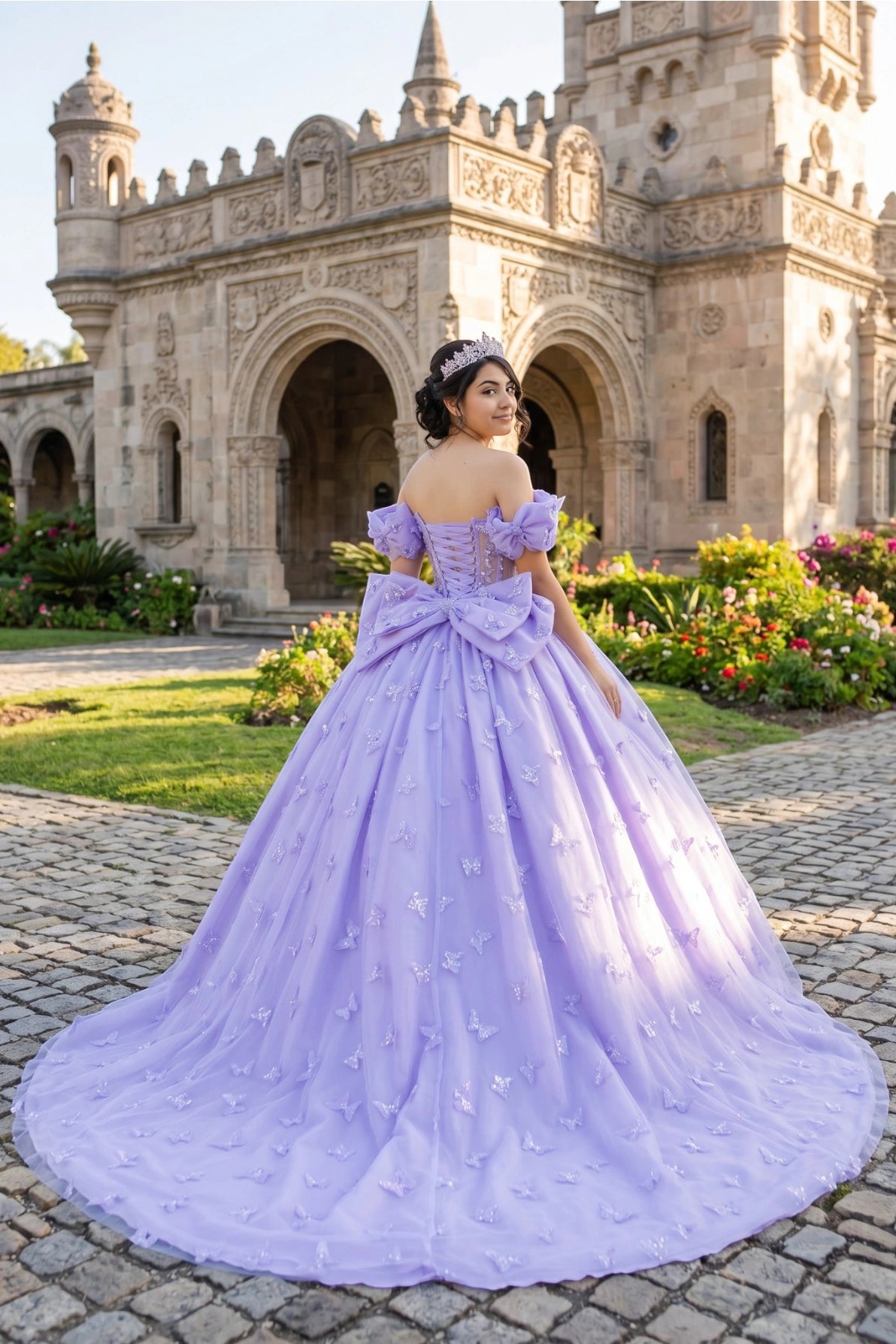 Shown in a back view, the Lilac quinceañera dress has large bow and floral appliques down the sweeping train.