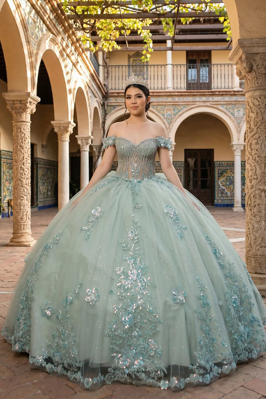 Front view of a silver sage quinceanera dress with sweetheart bodice, vertical beadwork, 3D floral appliques, and chapel-length train