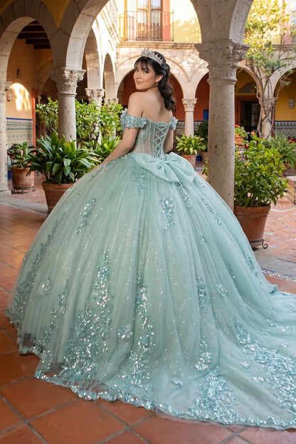 Side view of a silver sage quinceanera dress with sweetheart bodice, beadwork, 3D floral appliques, and layered shimmering tulle skirt