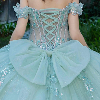 Zoomed back view of a silver sage quinceanera dress highlighting beadwork bodice, 3D floral appliques, and iridescent sequins