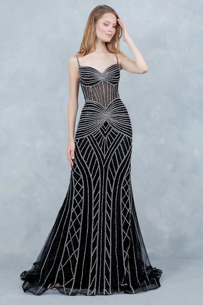 Full front view of a women wearing black mermaid prom dress with geometric rhinestone corset bodice.