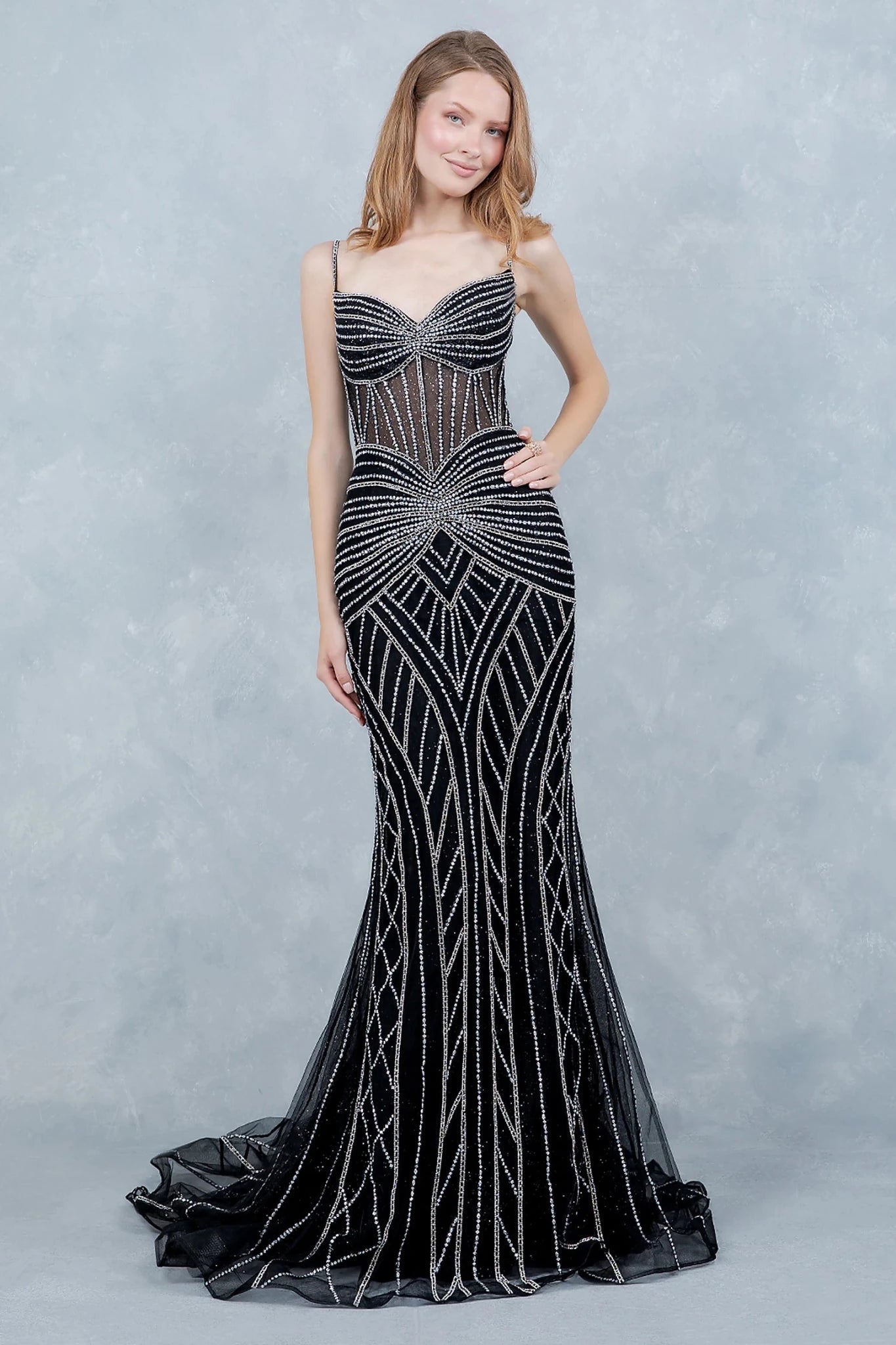 Black evening dress designed with floor-length silhouette and structured fit