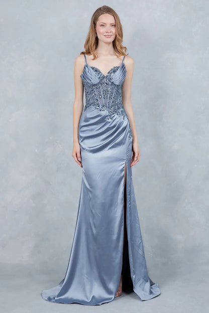 A full-length front view of a woman wearing a blue satin prom dress highlighting its elegant silhouette.