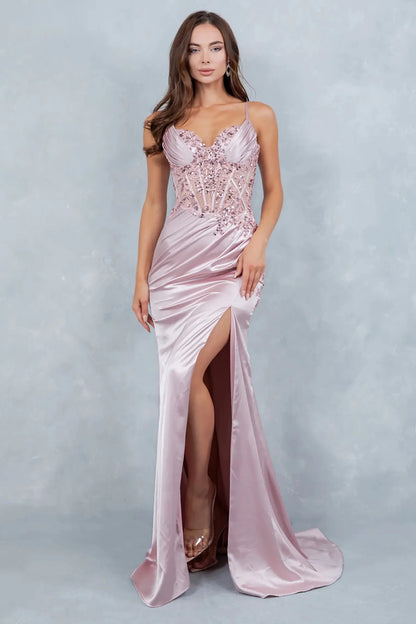 Full front view of a women wearing rose gold satin corset prom dress with lace appliqués.