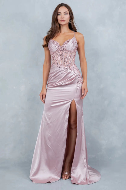 A full-length view of a woman wearing rose gold satin prom dress with a graceful silhouette.