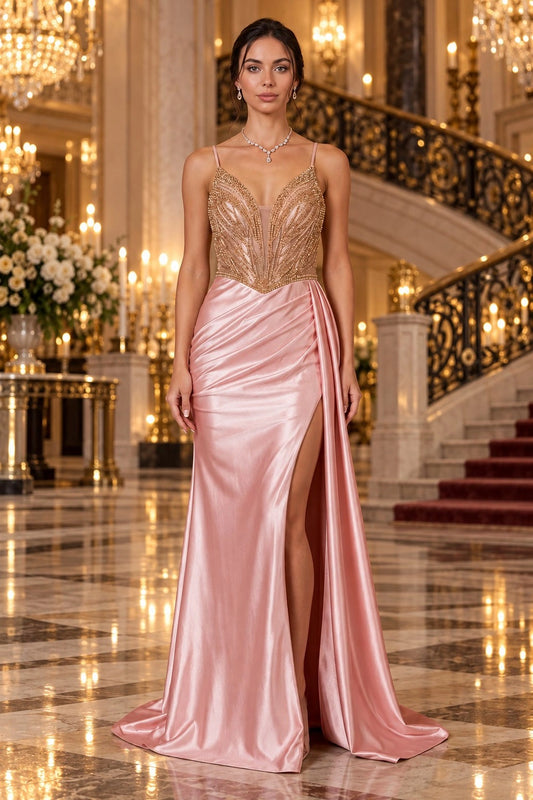 Displayed in a front view, the Blush prom dress has beaded bodice and draped satin skirt with a high slit.