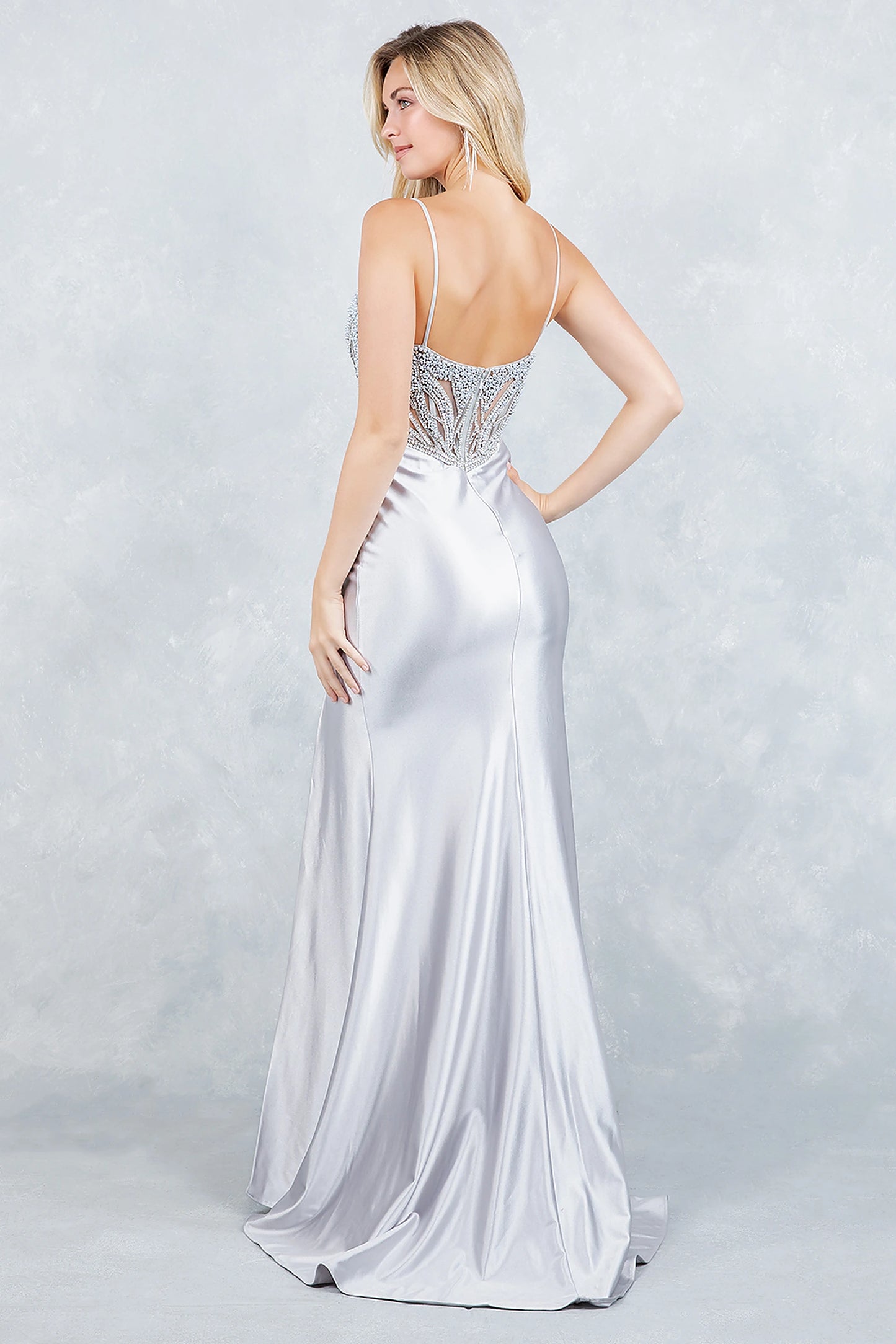 Silver prom dress designed with sheer beaded back and zipper closure