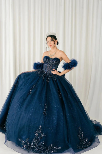 Front full-length view of navy blue sweetheart ball gown with beaded corset and voluminous skirt
