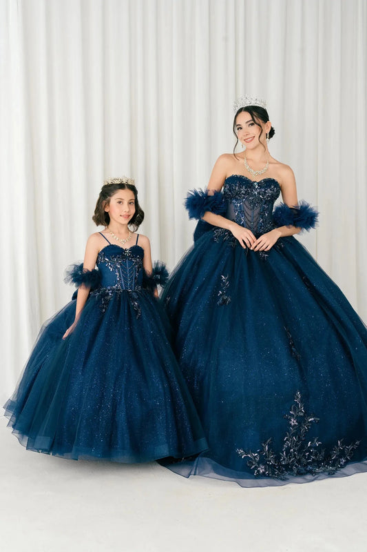 Front full-length view of navy blue mini ball gown with off-shoulder tulle sleeves and full skirt