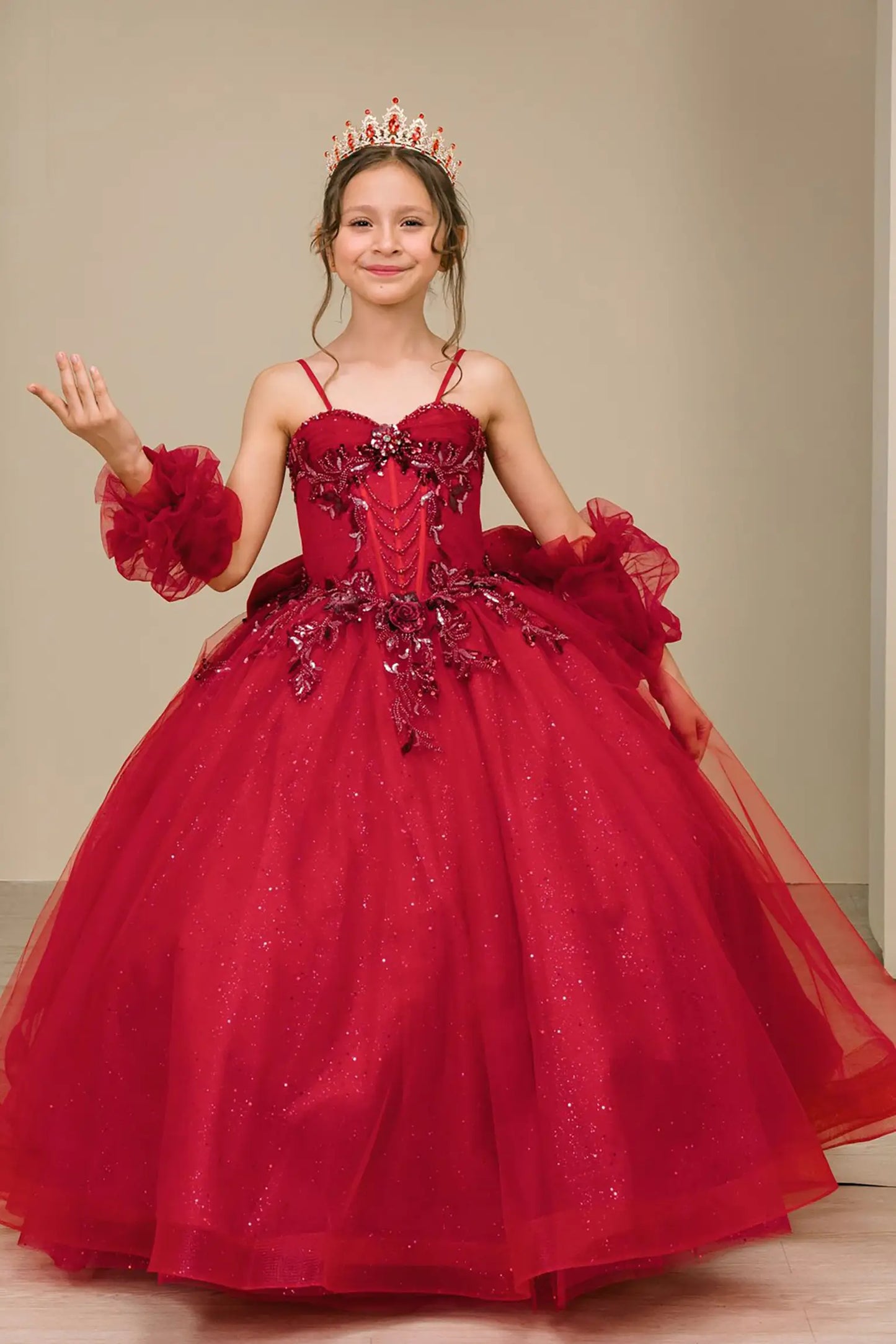 Regal Burgundy Kid Ball Gown with Layered Bow Back