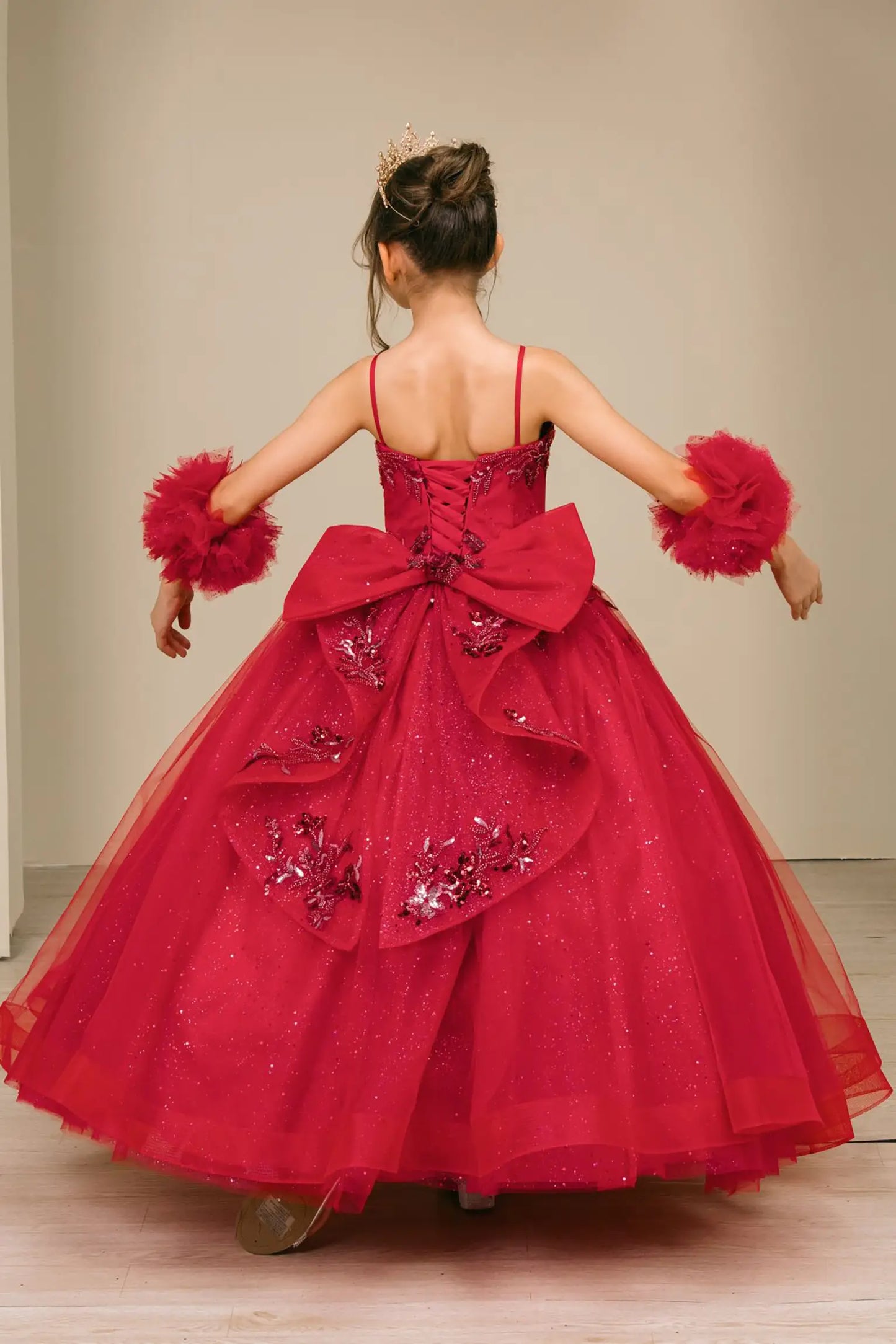 Regal Burgundy Kid Ball Gown with Layered Bow Back