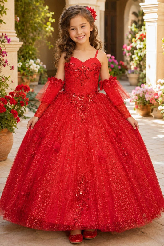 Shown in a front view, the Red mini quince dress has glitter floral bodice and sheer long sleeves over a full skirt.