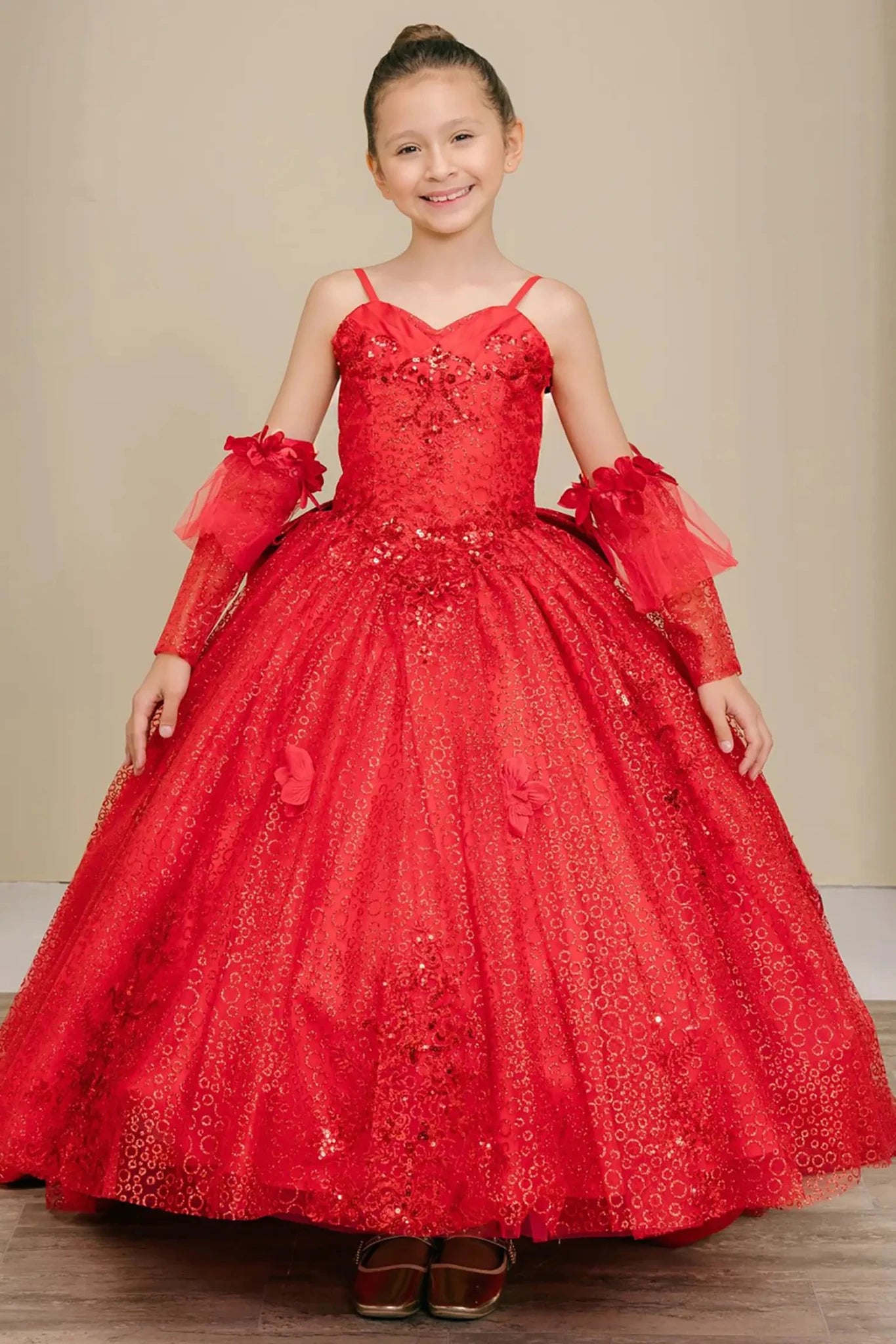 Full front view of a red kids quinceañera dress with glitter tulle skirt, floral embroidery bodice, and mini ball gown silhouette.