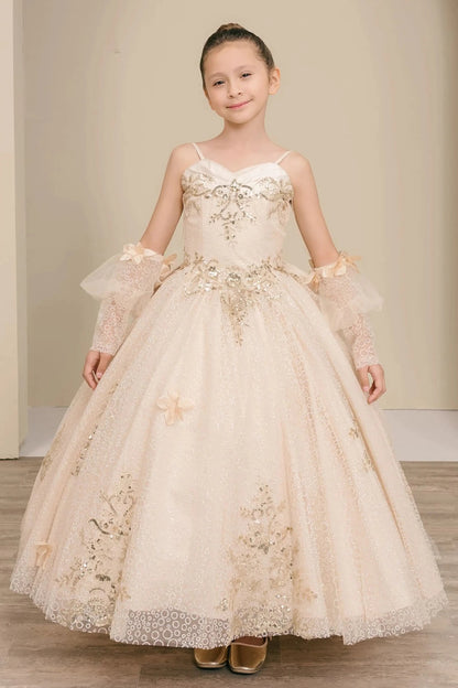 Front full-length view of Champagne mini quince ball gown with glitter floral embroidered bodice, full skirt, lace up back, oversized bow, and sheer lace gloves