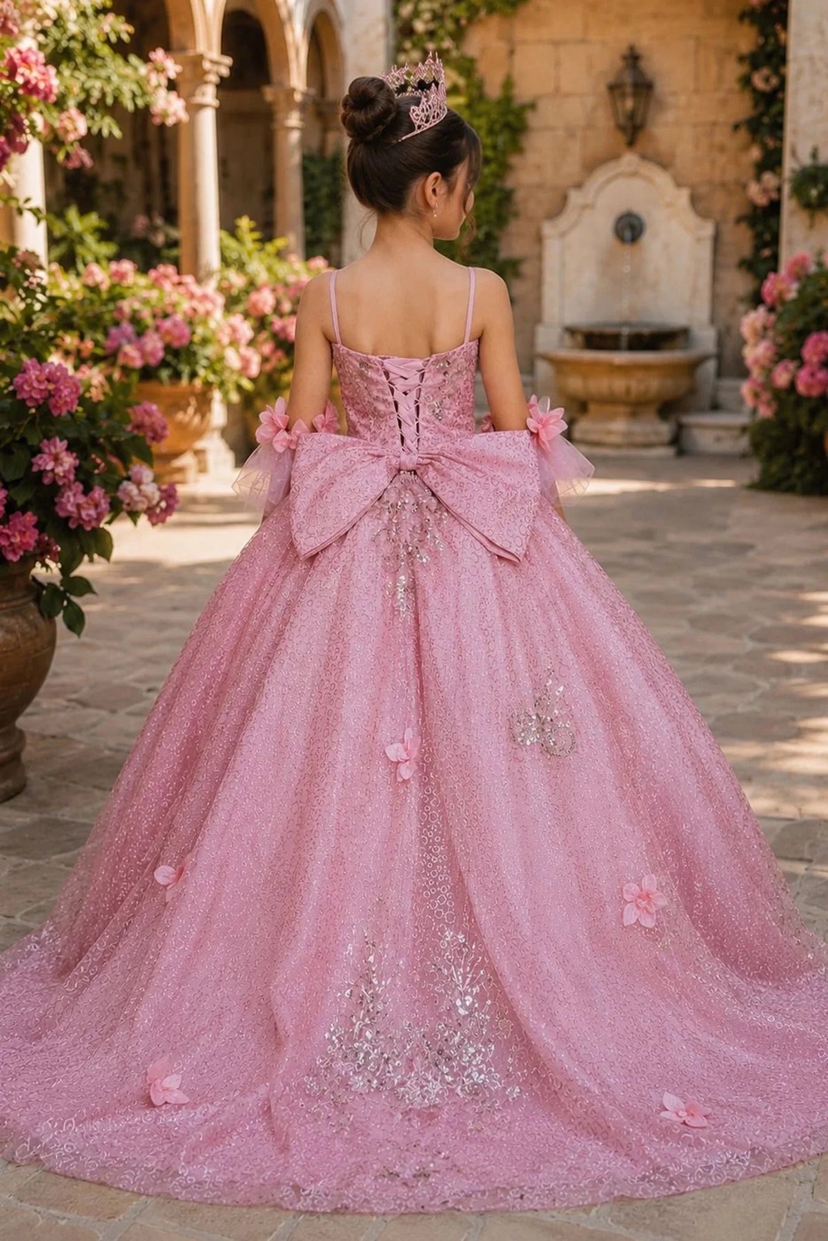 dusty rose mini quince ball gown with a large bow at the back, floral appliqué, and long train