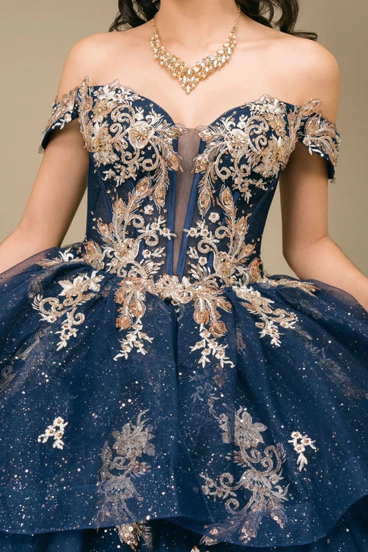 Close-up of woman wearing navy quinceañera dress with gold embroidered corset bodice, sweetheart neckline, and shimmer tulle detailing