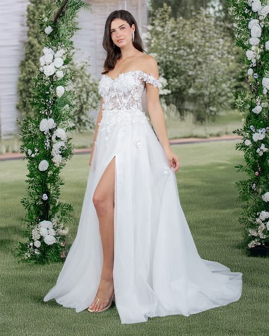 Off-Shoulder Sweetheart A-Line Bridal Gown with Glitter Tulle and 3D Floral Appliqués