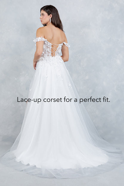 White wedding dress with lace-up corset back on a gray background