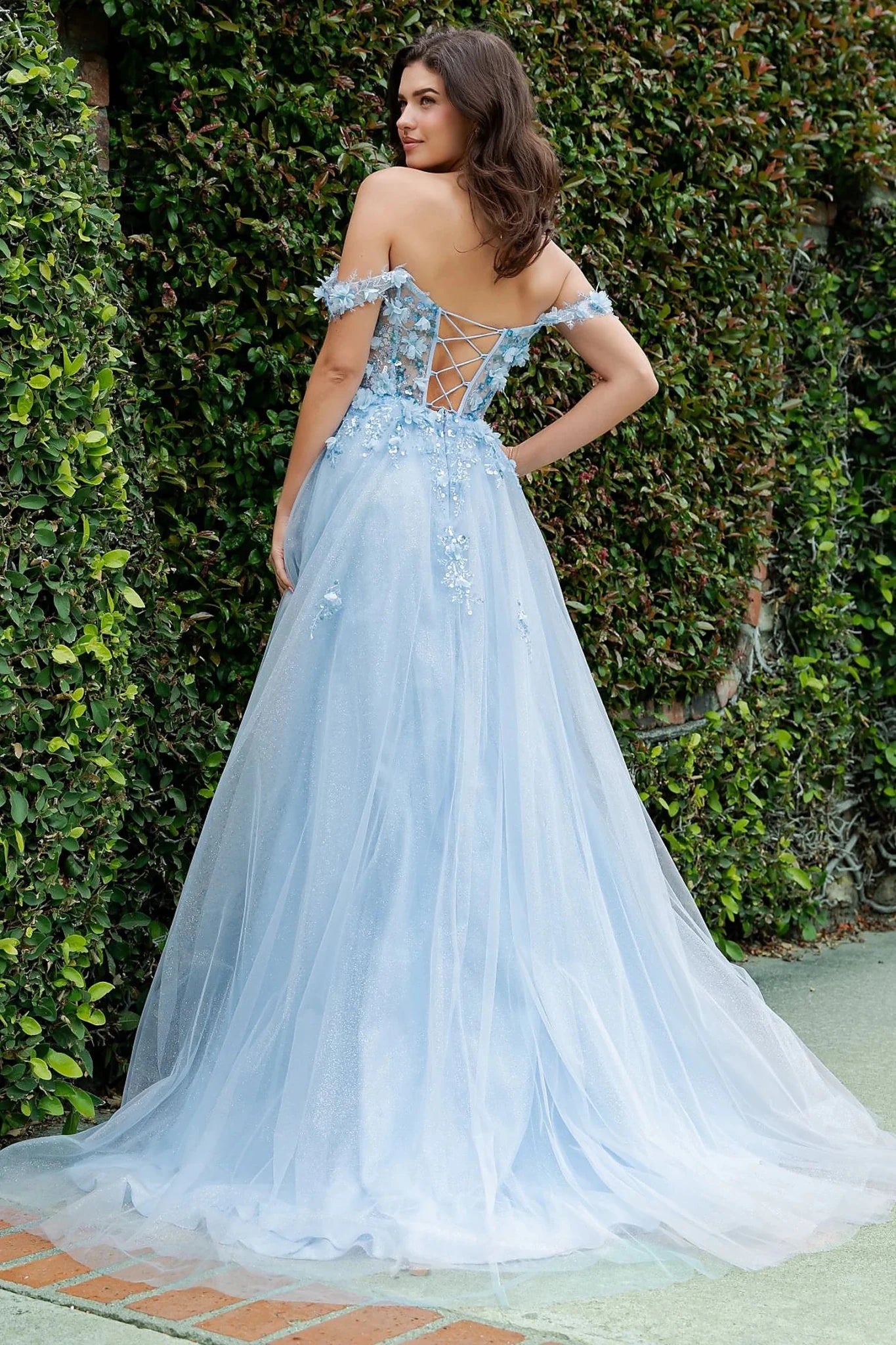 Blue prom dress styled with lace-up back for adjustable flattering fit and fairytale touch