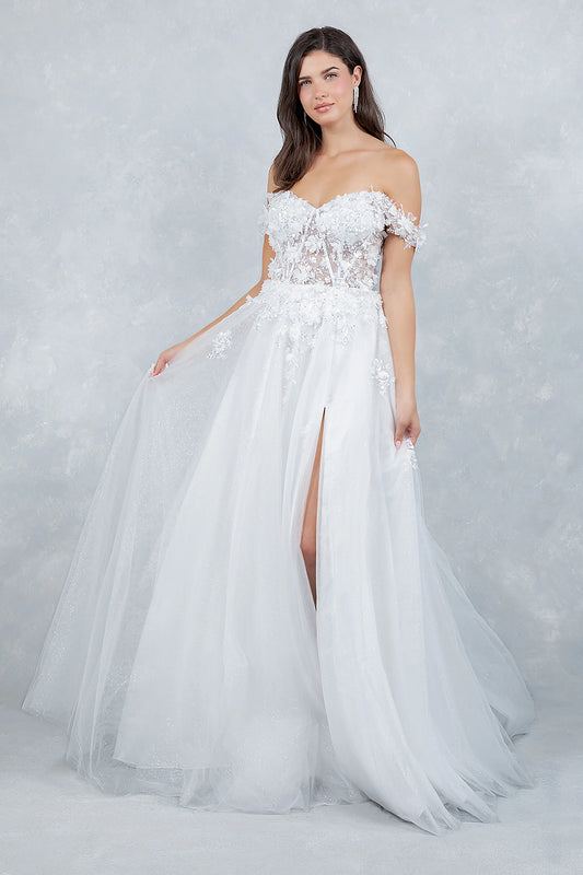 Off-Shoulder Sweetheart A-Line Bridal Gown with Glitter Tulle and 3D Floral Appliqués