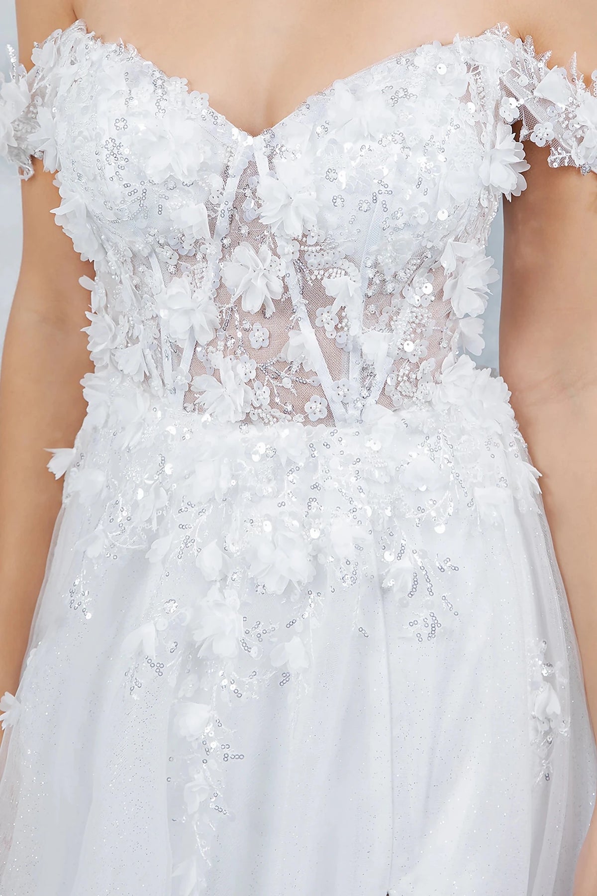White prom dress featuring fitted bodice with lace details and subtle illusion panel