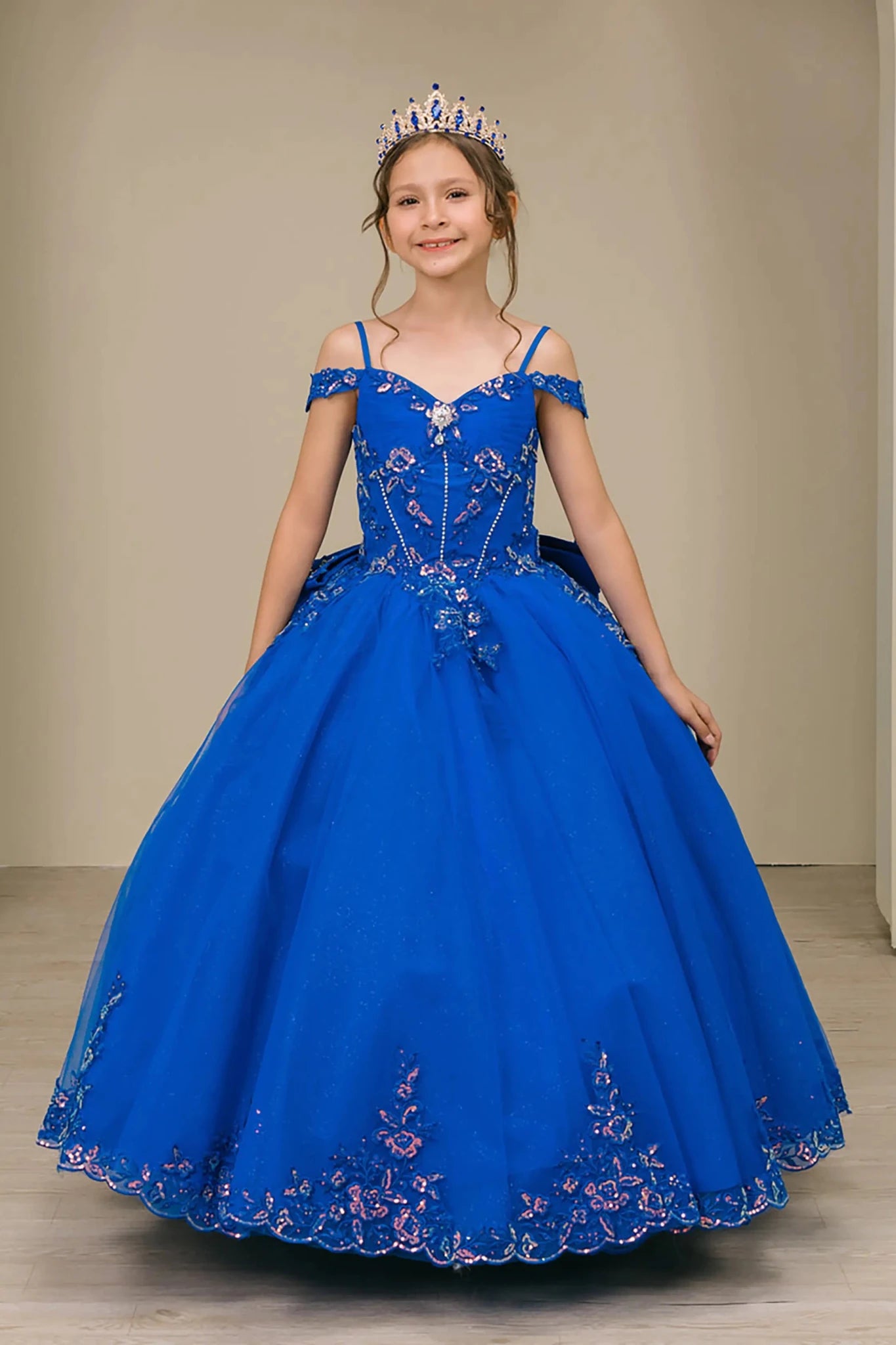 Front full-length view of Royal mini quince off shoulder mini quince dress with embroidered bodice, gemstone accent, glitter tulle skirt.