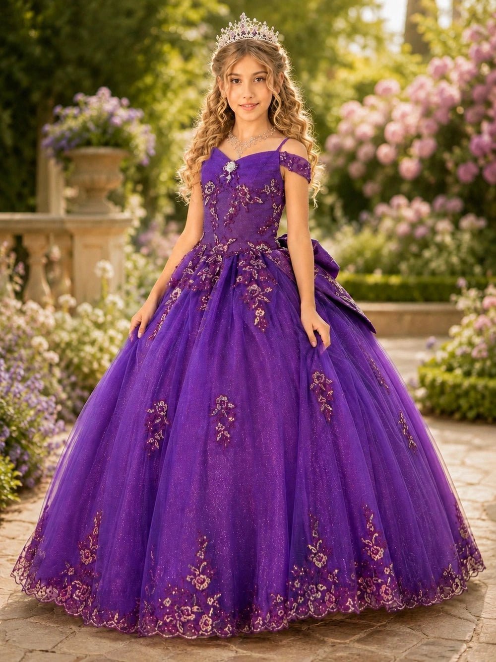 Shown in a front view, the Purple (Magenta) mini quince dress has off-shoulder floral bodice and layered tulle ball skirt.