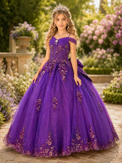 Shown in a front view, the Purple (Magenta) mini quince dress has off-shoulder floral bodice and layered tulle ball skirt.