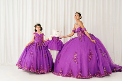 Magenta Off shoulder quinceañera and mini quinceañera ball gown with beaded corset, floral appliqués, layered tulle skirt, cathedral length train, and bow
