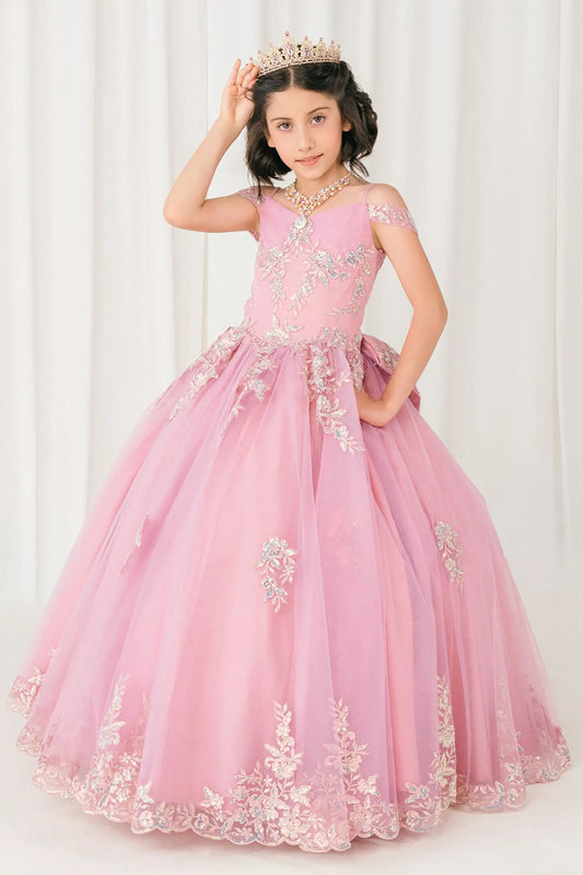 Front full-length view of Dusty Rose mini quince off shoulder ball gown with embroidered bodice, gemstone accent, glitter tulle skirt, lace up back, and oversized bow
