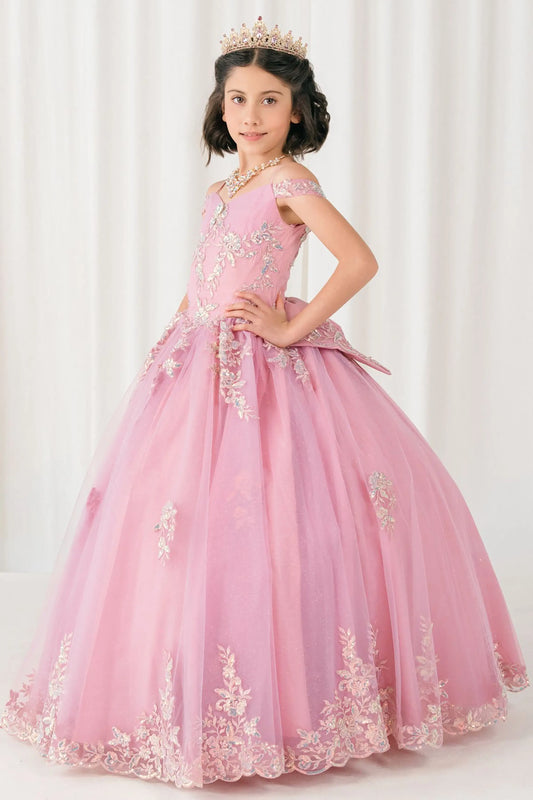 Front full-length view of Dusty Rose mini quince off shoulder ball gown with embroidered bodice, gemstone accent, glitter tulle skirt, lace up back, and oversized bow
