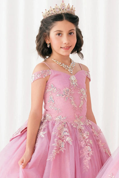 Front close-up Dusty Rose mini quince off shoulder ball gown with embroidered bodice, gemstone accent, glitter tulle skirt, lace up back, and oversized bow
