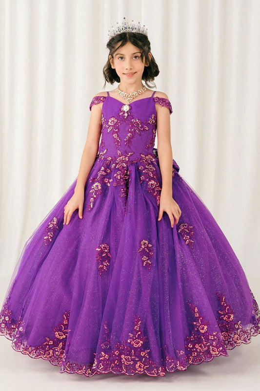 Front full-length view of Magenta Rose mini quince off shoulder ball gown with embroidered bodice, gemstone accent, glitter tulle skirt, lace up back, and oversized bow