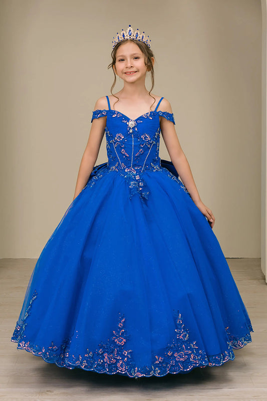 Front full-length view of Royal mini quince off shoulder ball gown with embroidered bodice, gemstone accent, glitter tulle skirt, lace up back, and oversized bow