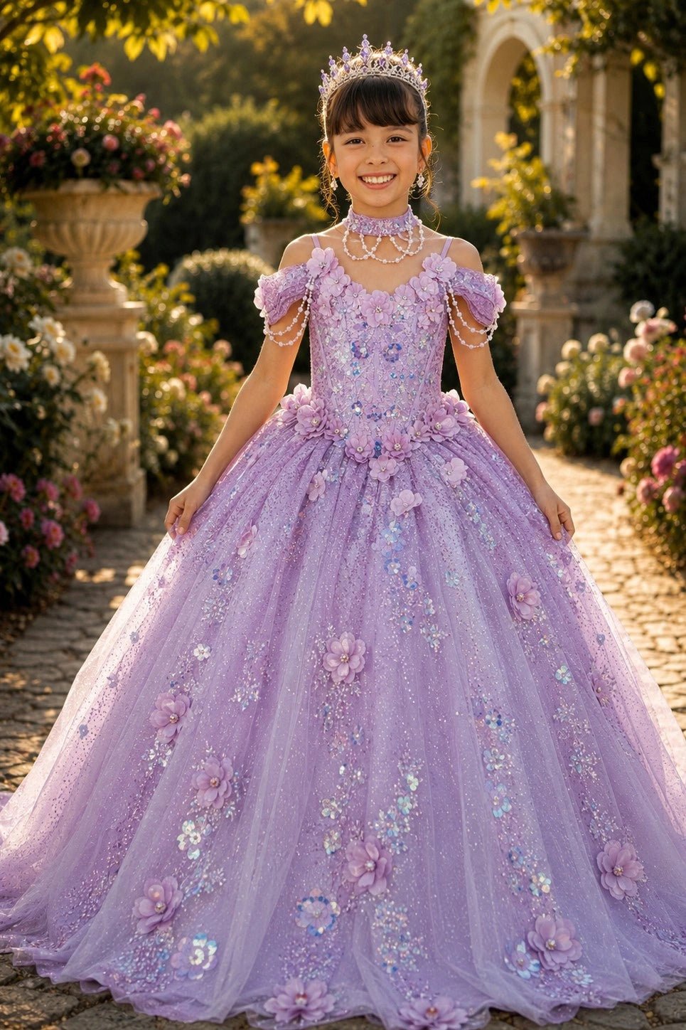 Shown in a front view, the Lilac mini quince dress has floral collar, sheer puff sleeves and a glitter ball skirt.