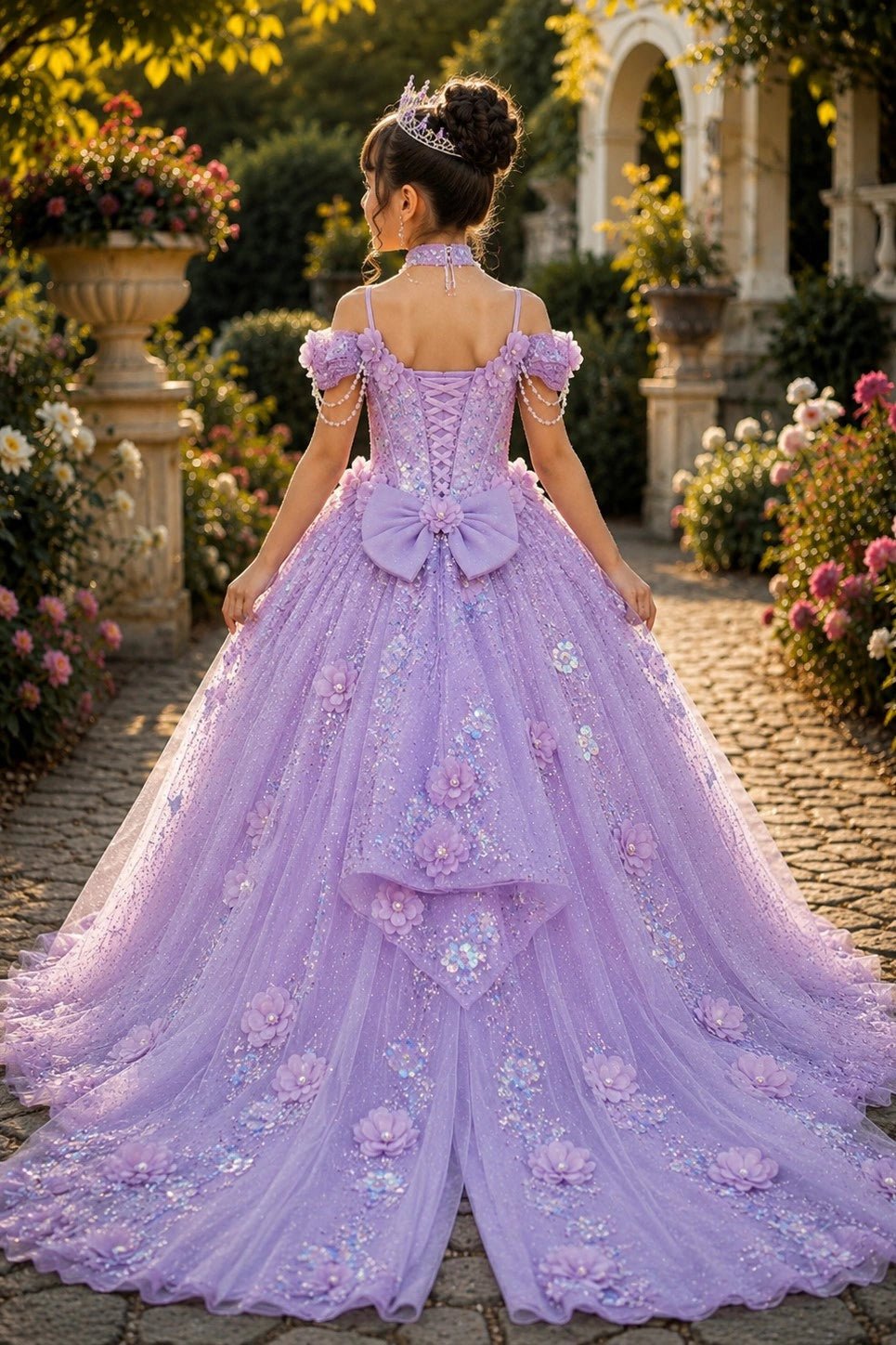 Displayed in a back view, the Lilac mini quince dress has lace-up back, bow and floral appliques down the train.