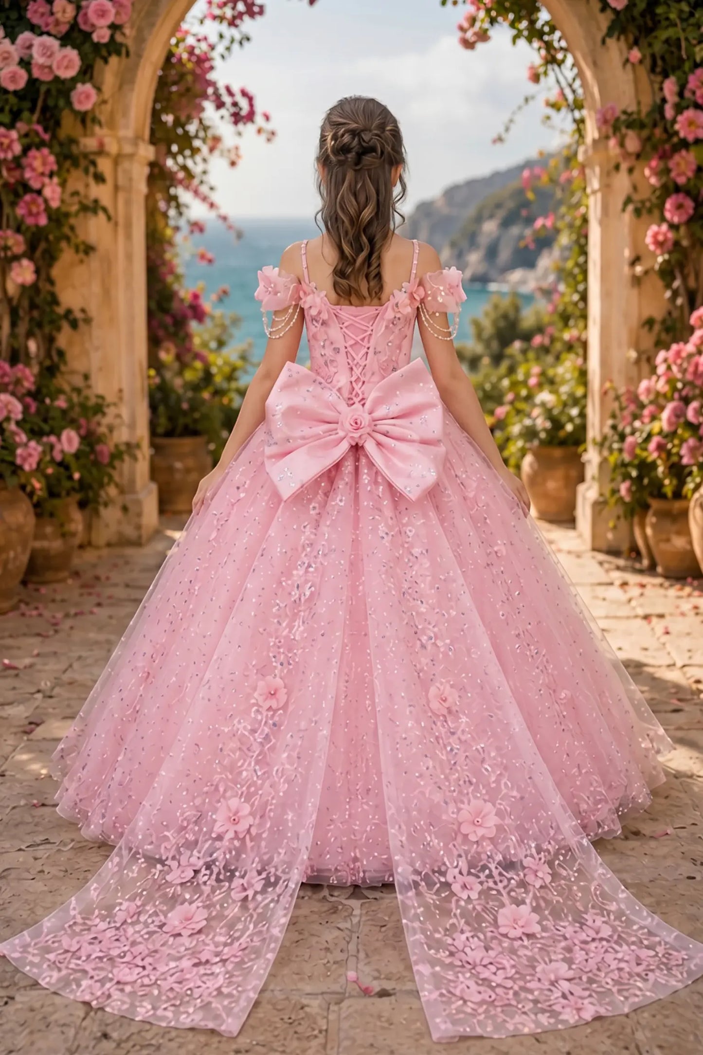 Back view of a pink kids quinceañera dress with layered glitter tulle skirt, lace-up corset closure, and 3D floral accents