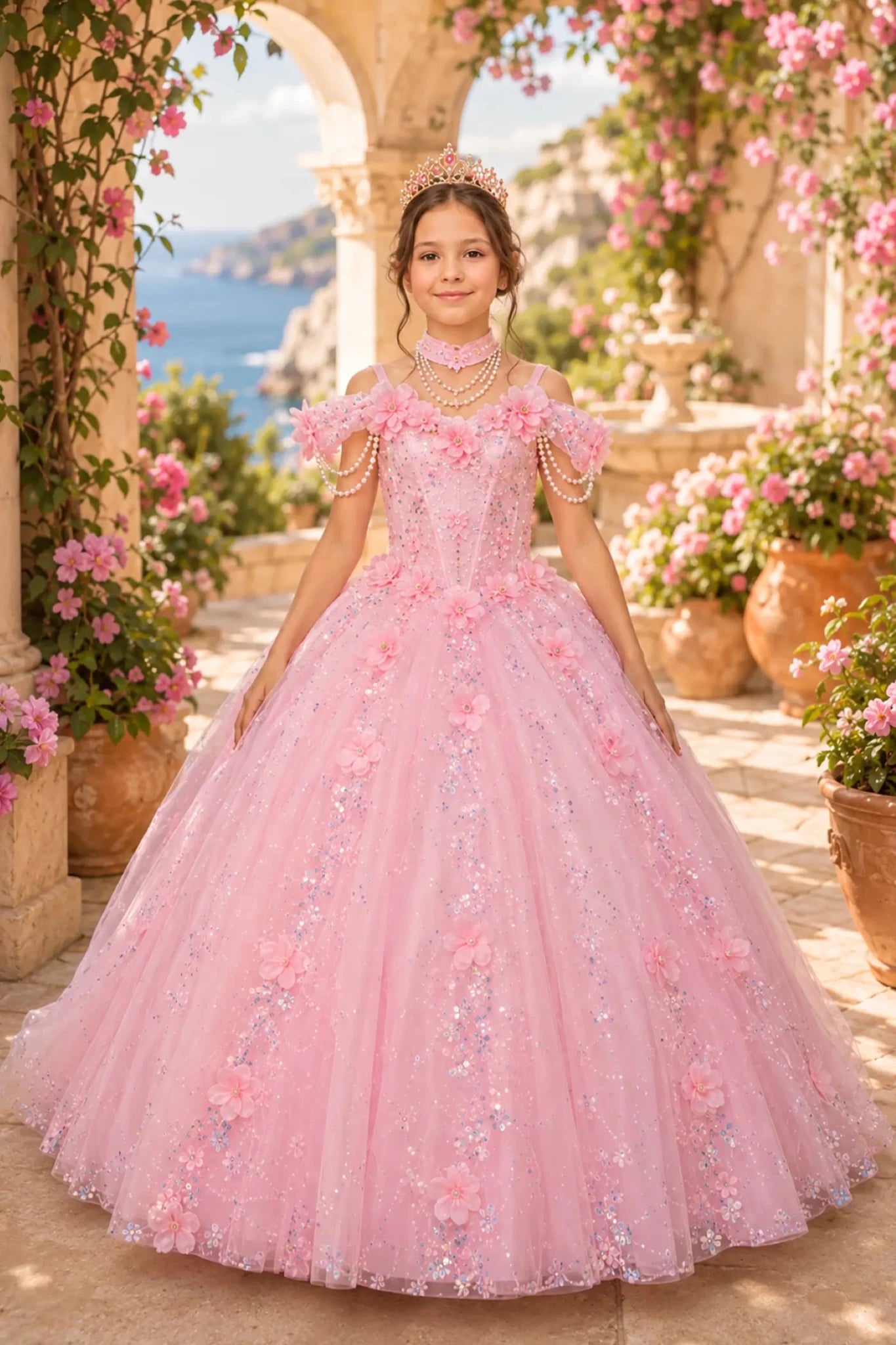 Pink kids quinceañera dress with glitter tulle skirt, and beaded corset bodice decorated with 3D flowers and pearls.