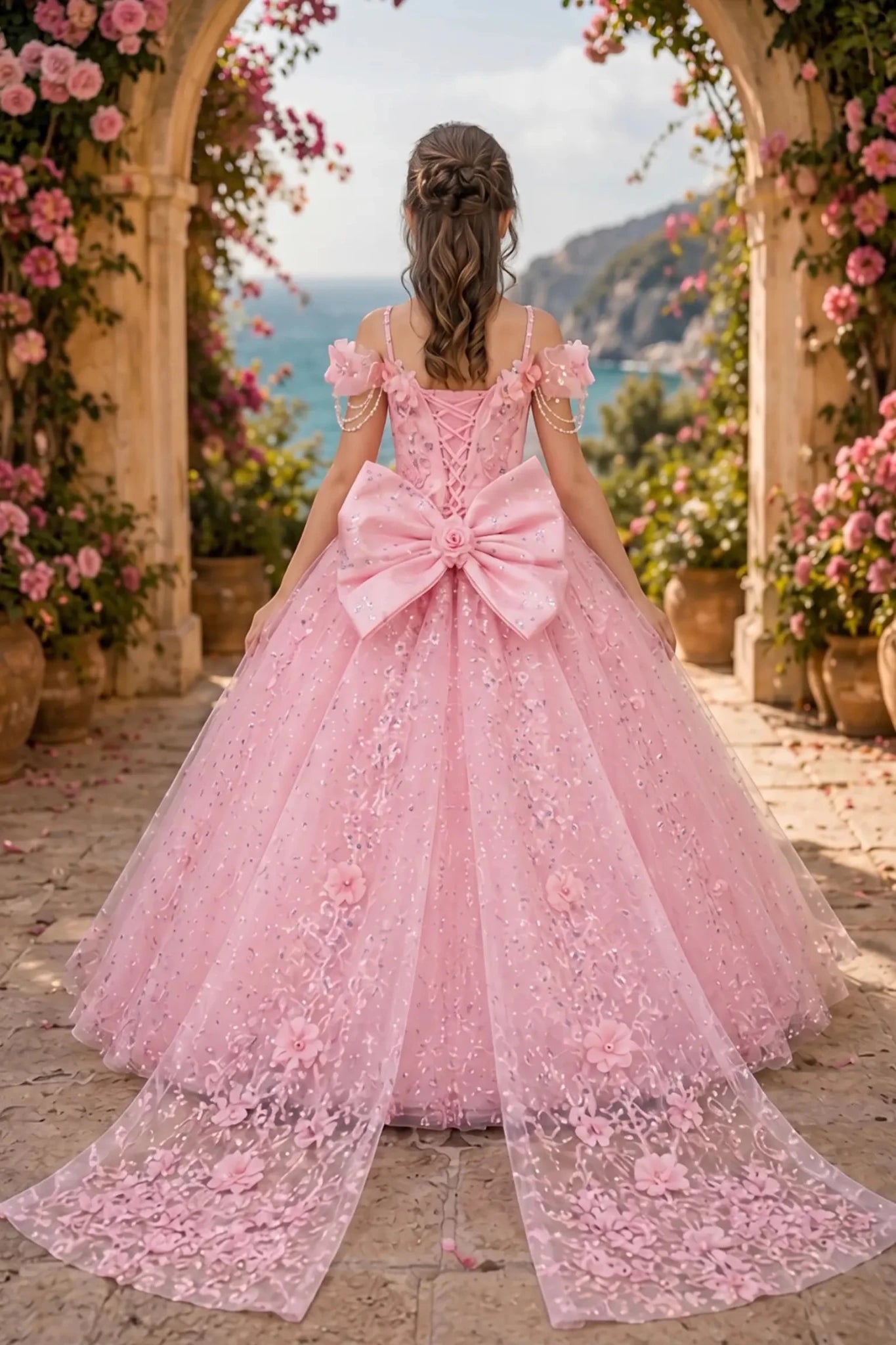 Back view of a pink kids quinceañera dress with layered glitter tulle skirt, lace-up corset closure, and 3D floral accents