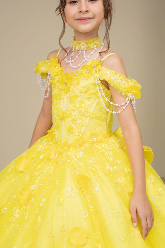 Yellow front view kids mini quinceañera mini quince dress with off-shoulder 3D floral applique, pearls and glitter tulle skirt.