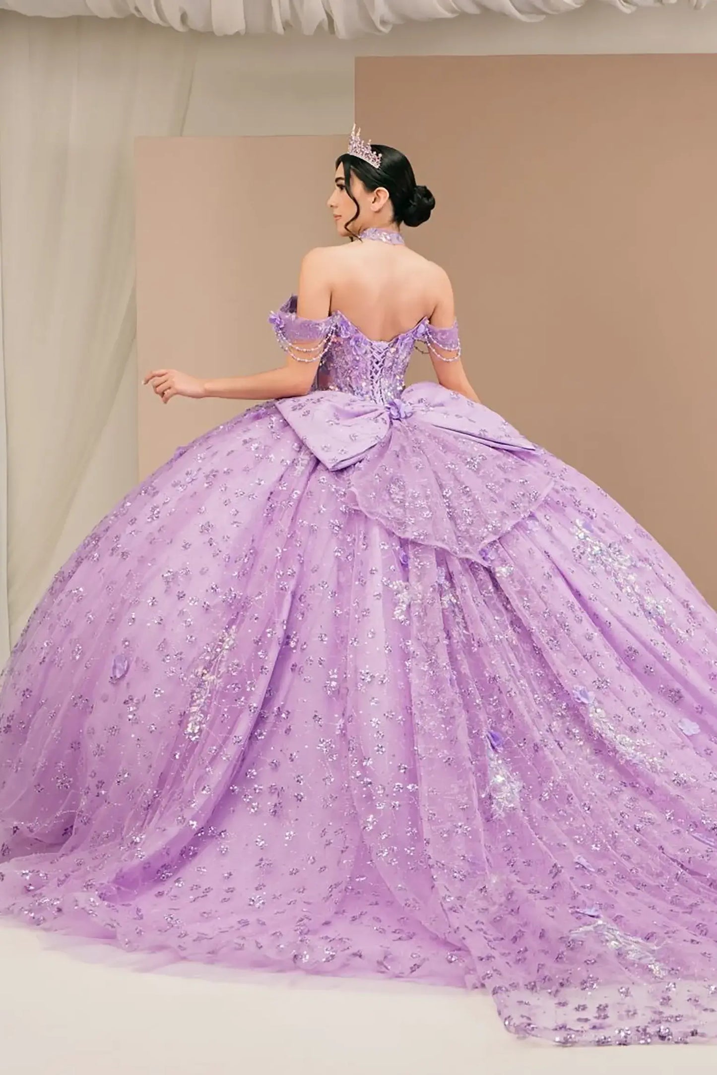 Back view of a woman wearing lilac quinceañera dress with voluminous glitter tulle skirt, lace-up corset closure, and floral applique accents.